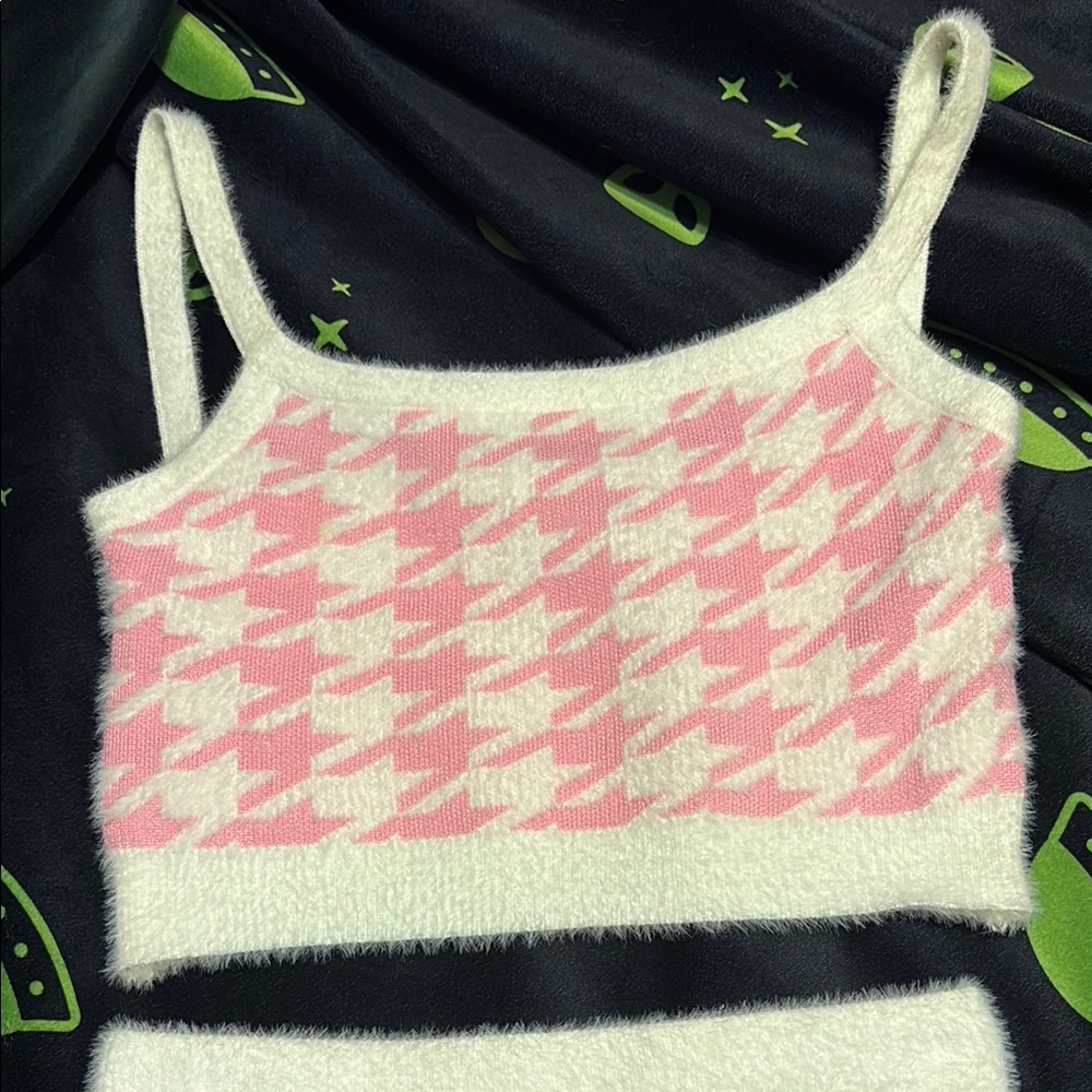 Pink and White Houndstooth Crop top and Skirt set